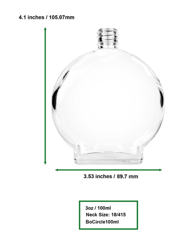 Circle design 100 ml, 3 1/2oz  clear glass bottle  with reducer and shiny gold cap.