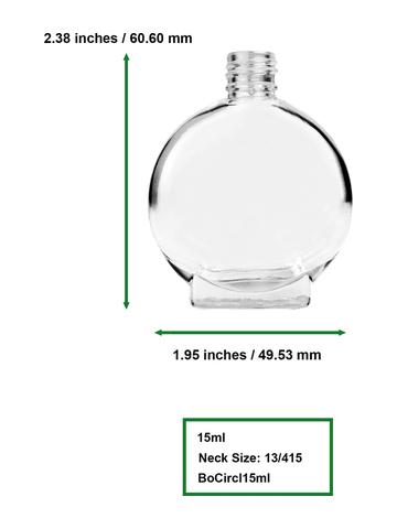 Circle design 15ml, 1/2oz Clear glass bottle with short white cap.