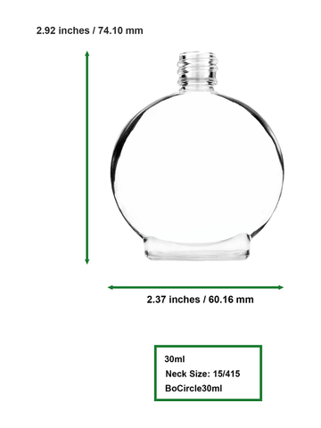 Circle design 30 ml, clear glass bottle with shiny silver and cap.