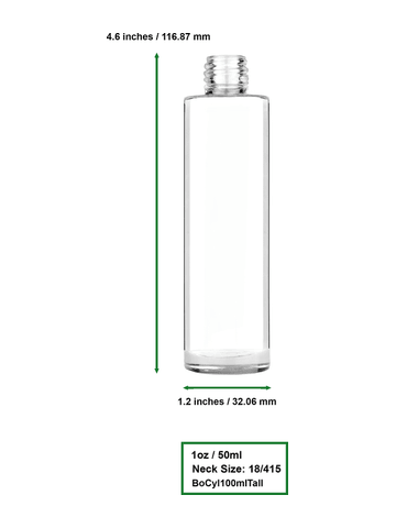 Cylinder design 50 ml, 1.7oz  clear glass bottle  with shiny silver spray pump.