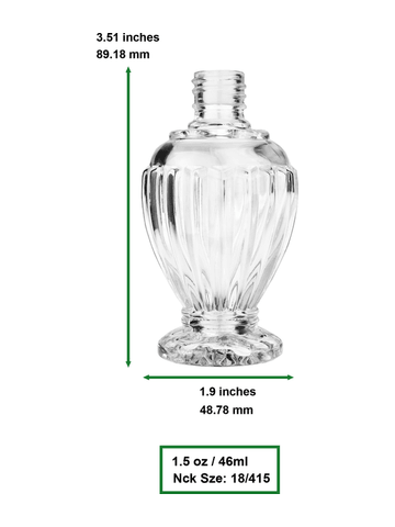 Diva design 46 ml, 1.64oz  clear glass bottle  with ivory vintage style bulb sprayer with tassel with shiny gold collar cap.