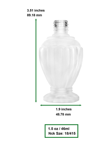 Diva design 46 ml, 1.64oz frosted glass bottle with reducer and tall silver matte cap.