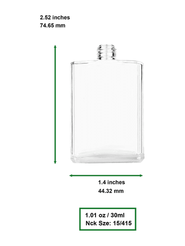 Elegant design 30 ml, clear glass bottle with sprayer and shiny silver cap.