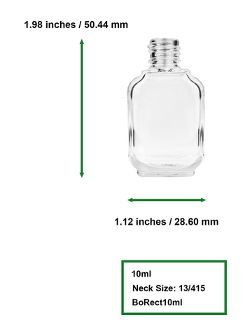 Footed rectangular design 10ml, 1/3oz Clear glass bottle with plastic roller ball plug and silver cap with dots.