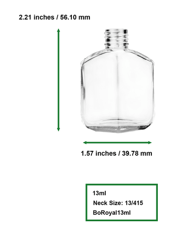 Royal design 13ml, 1/2oz Clear glass bottle with short black ridged cap.