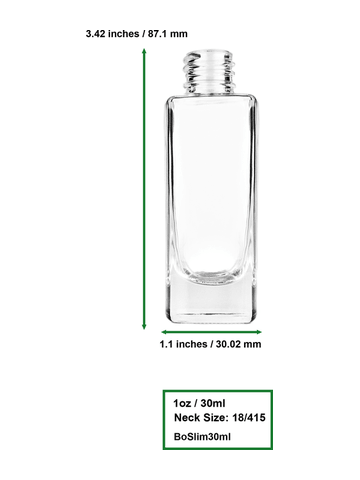 Slim design 30 ml, 1oz  clear glass bottle  with ivory vintage style bulb sprayer with shiny silver collar cap.