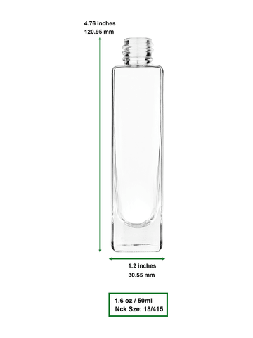 Slim design 50 ml, 1.7oz  clear glass bottle  with reducer and black faux leather cap.
