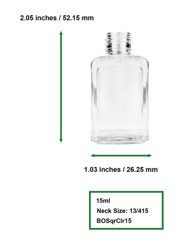 Square design 15ml, 1/2oz Clear glass bottle with short white cap.