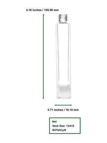 Tall cylinder design 9ml, 1/3oz Clear glass bottle with metal roller ball plug and silver cap with dots.