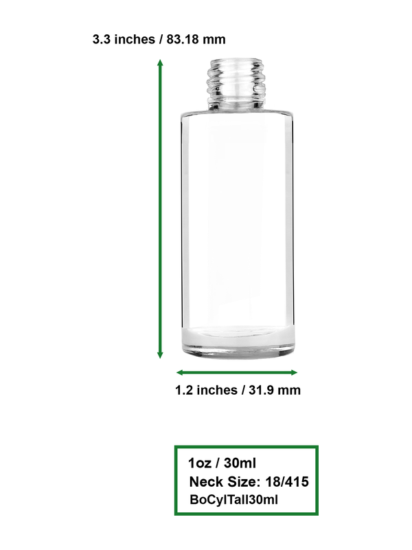Cylinder design 25 ml clear glass bottle  with white vintage style bulb sprayer with shiny silver collar cap.