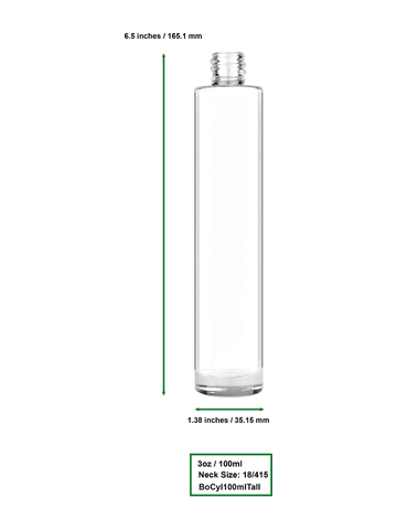 Cylinder design 100 ml, 3 1/2oz  clear glass bottle  with with a matte silver collar treatment pump and clear overcap.